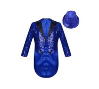 Kaerm Boys Sequin Tailcoat Classic Fit Tuxedo Suit Jacket and Hat Magic Show Disco Swallow-Tailed Coat Blue 7-8 Years