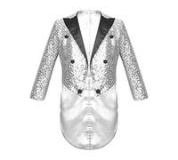 Kaerm Boys Sequin Tailcoat Classic Fit Tuxedo Suit Jacket Stylish Dinner Party Show Swallow-Tailed Coat Silver 9-10 Years