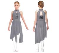 Kaerm Girls Contemporary Figure Skating Dress Sleeveless High-Low Skirt Latin Jazz Lyrical Dance Costume Grey 11-12 Years