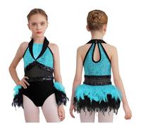 Kaerm Girls Feather Skirted Bodysuit Sequins Jazz Hip Hop Latin Performance Costume Ballet Dance Tutu Dress Light Blue 7-8 Years
