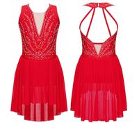 Kaerm Girls Lyrical Dance Dress for Latin Jazz Ballet Dance Gymnastics Leotard Dress Performance Sequins Camisole Red 7-8 Years