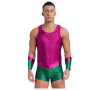 Kaerm God of the Sea Costume for Mens Shiny Metallic Sleeveless Bodysuit Halloween Outfits Hot Pink S