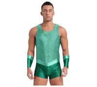 Kaerm God of the Sea Costume for Mens Shiny Metallic Sleeveless Bodysuit Halloween Outfits Mint Green S