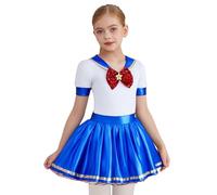 Kaerm Japanese Anime Schoolgirl Classic Sailor Uniform Color Block Metallic Pleated Nautical Dress Royal Blue 7-8 Years