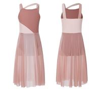 Kaerm Junior Girls Gymnastics Leotard High-Low Skirt Latin Jazz Lyrical Dance Dress Contemporary Dance Costume Light Brown 9-10 Years
