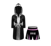 Kaerm Kids Boys Boxing Costume Long Sleeve Hooded Boxing Robe and Shorts Set Halloween Boxer Roleplay Outfits Pink&Silver 11-12 Years