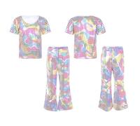 Kaerm Kids Boys Girls Hip Hop Jazz Dance Outfit T-Shirt with Flared Pants Set Gymnastic Leotard Sequins Clothes Colorful 6-7 Years