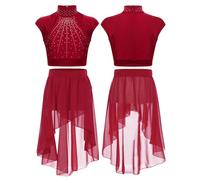 Kaerm Kids Girls Lyrical Latin Jazz Modern Ballet Dance Dress Crop Top with High Low Skirt Contemporary Costume Burgundy 9-10 Years