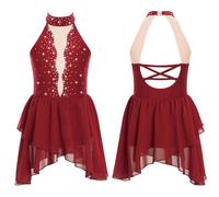 Kaerm Kids Girls Lyrical Modern Dance Dress Contemporary Latin Jazz Ballet Dance Performance Costume Burgundy 11-12 Years