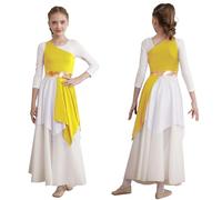 Kaerm Kids Girls Praise Dance Robe Liturgical Worship Dress Lyrical Church Robe Gown Color Block Chiffon Skirt Yellow 13-14 Years