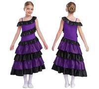 Kaerm Kids Girls Spanish Flamenco Belly Dance Dress Off Shoulder Festival Party Costume Satin Long Skirt Purple 11-12 Years