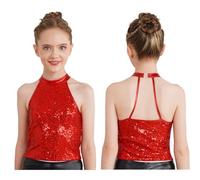 Kaerm Kids Girls Sparkly Vest Sequins Dance Crop Tops Ballet Jazz Hip Hop Dance Costume Cami Shirt Dancewear Red 9-10 Years