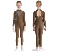 Kaerm Leotard for Girls Gymnastics Dance Outfit Full Body Unitard Skating Jumpsuit Costume Catsuit Brown 15-16 Years
