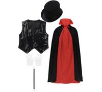 Kaerm Magician Outfit Deluxe Set for Kids with Cloak Cape, Sequin Vest, Top Hat, Magic Wand and Gloves Black 8-9 Years