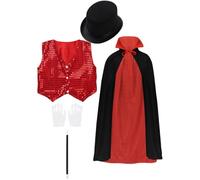 Kaerm Magician Outfit Deluxe Set for Kids with Cloak Cape, Sequin Vest, Top Hat, Magic Wand and Gloves Red 12-13 Years