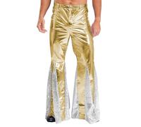 Kaerm Men's 70s Disco Bell Bottoms Sequin Patchwork Metallic Flared Leg Trousers Flared Pants Gold XL