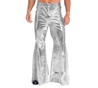 Kaerm Men's 70s Disco Bell Bottoms Sequin Patchwork Metallic Flared Leg Trousers Flared Pants Silver S