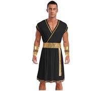 Kaerm Mens Ancient Greek Toga Costume Gold Trim V Neck Sleeveless Tunic Robe Roman Warrior Outfits Black L