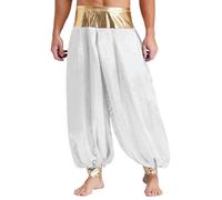 Kaerm Men's Arab Prince Costume Bottoms Magical Hippie Harem Pants Metallic Patchwork Long Pants White M
