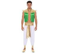 Kaerm Mens Arab Prince Costume Cap Sleeve Open Front Vest Top with Harem Pants for Halloween Party Green White 3XL