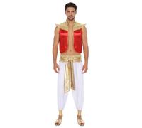 Kaerm Mens Arab Prince Costume Cap Sleeve Open Front Vest Top with Harem Pants for Halloween Party Red White 3XL