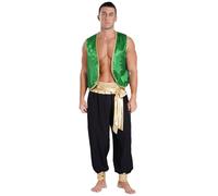 Kaerm Men's Arabian Prince Cosplay Costume Gold Trim Open Front Waistcoat Vest Bloomers Pants Green&Black L