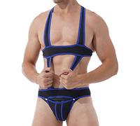 Kaerm Mens Bulge Pouch Jockstrap Singlet Harness Bodysuit Body Chest Harness Bandage Lingerie Jumpsuits Blue L