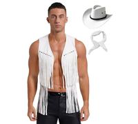 Kaerm Men's Faux Suede Tassel Vest Jackets Western Cowboy Costume 3 Piece with Hats Bandanna White M
