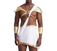 Kaerm Men's Greek God Toga Costume Metallic Gold Trim Straps Mini Skirt Gladiator Cosplay Outfits White XL
