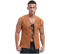 Kaerm Men's Medieval Renaissance Vest Pirate Cosplay Costume V Neck Front Lace Up Gothic Waistcoat Brown XXL