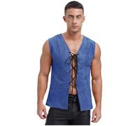 Kaerm Men's Medieval Renaissance Vest Pirate Cosplay Costume V Neck Front Lace Up Gothic Waistcoat Navy Blue XXL