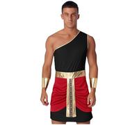 Kaerm Men's Roman Emperor Costume Ancient Greek One Shoulder Toga Robe for Halloween Party Black Red XL