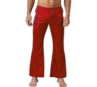 Kaerm Men's Shiny Metallic Sequins Flare Leg Disco Pants Nightclub Party Pants Long Trousers Red M