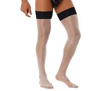 Kaerm Men's Shiny Sheer Thin Hold Up Socks Costume Accessories Sexy Silky Glossy Stretchy Thigh High Stockings White One Size