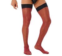 Kaerm Men's Shiny Sheer Thin Hold Up Socks Costume Accessories Sexy Silky Glossy Stretchy Thigh High Stockings Burgundy One Size