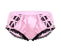Kaerm Mens Sissy Ruffed Satin Lace Trim French Maid Crossdress Panties Underwear Briefs Pink L