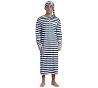 Kaerm Men's Striped Nightshirt Long Sleeve Henley Sleep Shirt with Night Cap Christmas Sleepwear Navy Blue M