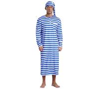 Kaerm Men's Striped Nightshirt Long Sleeve Henley Sleep Shirt with Night Cap Christmas Sleepwear Royal Blue M