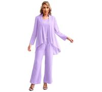 Kaerm Mother of The Bride Outfits Chiffon Pant Suits Women 3 Piece Wedding Evening Gowns Dress Suit Lavender 3XL
