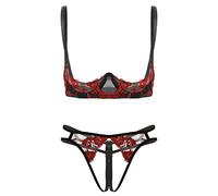 Kaerm Woman's See Through Sheer Lace Lingerie Set 1/4 Cups Underwired Push Up Bra Top with G-String Briefs Red Type A M