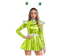 Kaerm Women's Alien Costume Outer Space Cadet Cosplay Shiny Metallic Long Sleeve Dress for Halloween Green Set 3XL