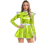 Kaerm Women's Alien Costume Outer Space Cadet Cosplay Shiny Metallic Long Sleeve Dress for Halloween Green XXL