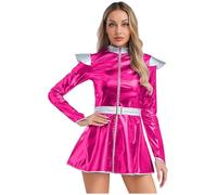 Kaerm Women's Alien Costume Outer Space Cadet Cosplay Shiny Metallic Long Sleeve Dress for Halloween Hot Pink M