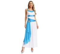 Kaerm Women's Ancient Grecian Costume Ruffled Sleeveless Tunic Dress Roman Empress Fancy Dress White Blue L