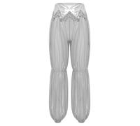 Kaerm Women's Arabian Princess Costume Sequin Trim Sheer Mesh Slit Long Pants Belly Dance Trousers White S