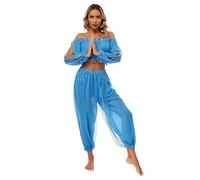 Kaerm Women's Belly Dance Costume India Dance Cosplay Off Shoulder Cropped Tops With Lantern Bloomers Sky Blue One Size