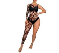 Kaerm Women's Fishnet One Piece Bodysuit Shiny Rhinestone Single Sleeve Leg Lingerie Jumpsuits Black One Size