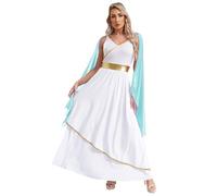 Kaerm Women's Greek God Costume Gold Trim Sleeveless Toga Dress Roman Empress Cosplay Outfits Light Blue XXL