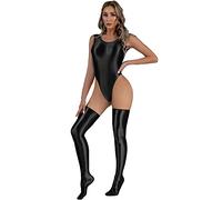 Kaerm Women's Gymnastics Glossy Thongs Bodysuits Skinny Backless High Cut Leotard with Tight Stocking Black XL