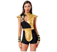 Kaerm Women's Japanese Ninja Costume Dragon Print Bodysuit with Arm Warmers for Halloween Cosplay Gold XL